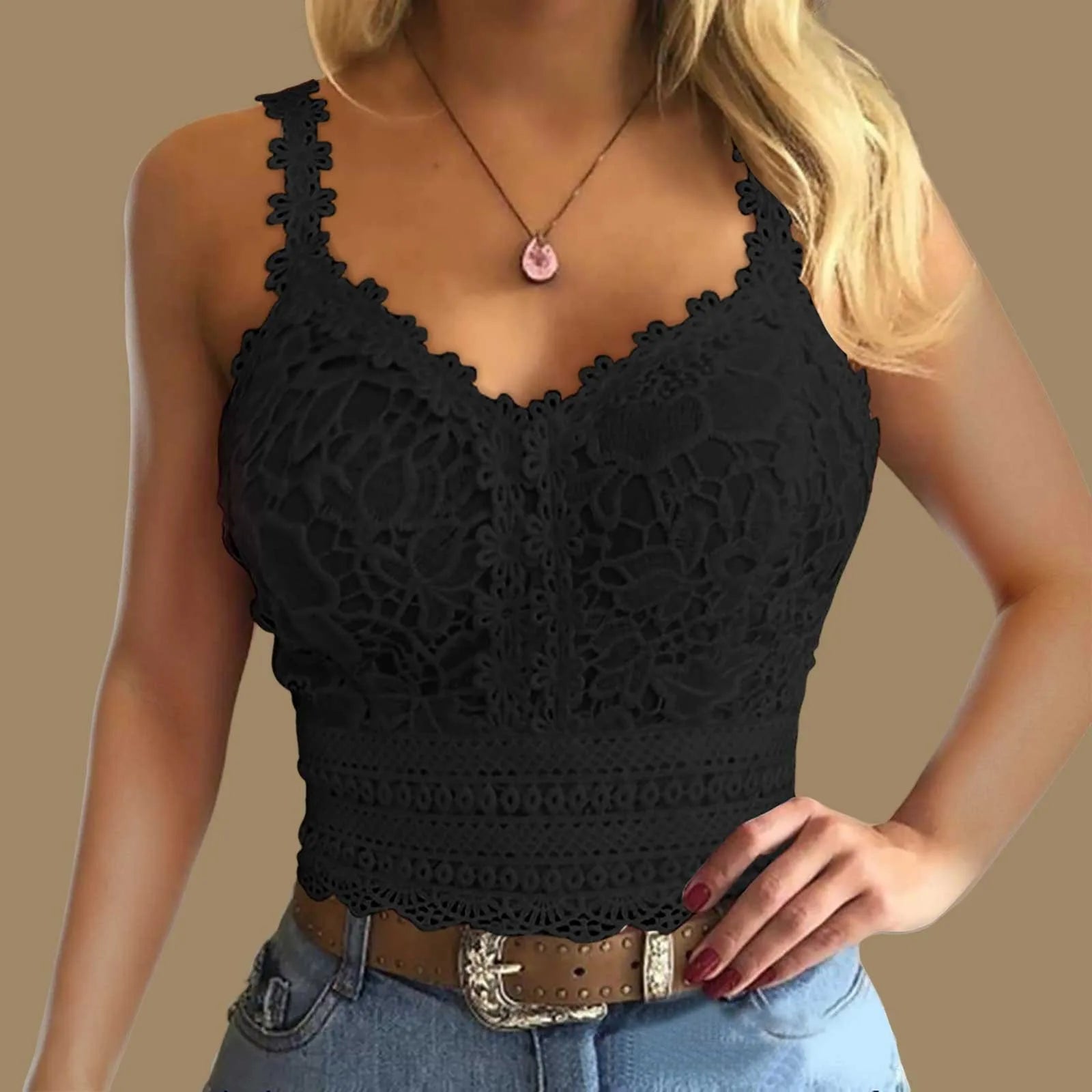 Sexy Spitzen-Crop-Top mit V-Ausschnitt – Ärmelloses Tanktop für Damen